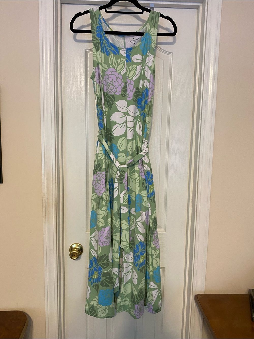 Cuddl Duds Sleeveless Floral Maxi Dress with Self Tie Belt - Sage Green size  M